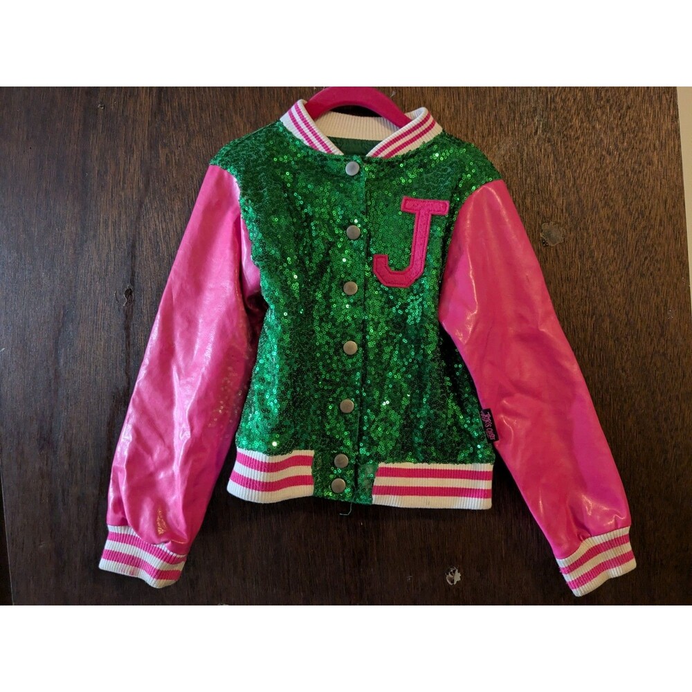 JoJo Siwa Size XS (4/5) Varsity Jacket Green Sequins & Pink